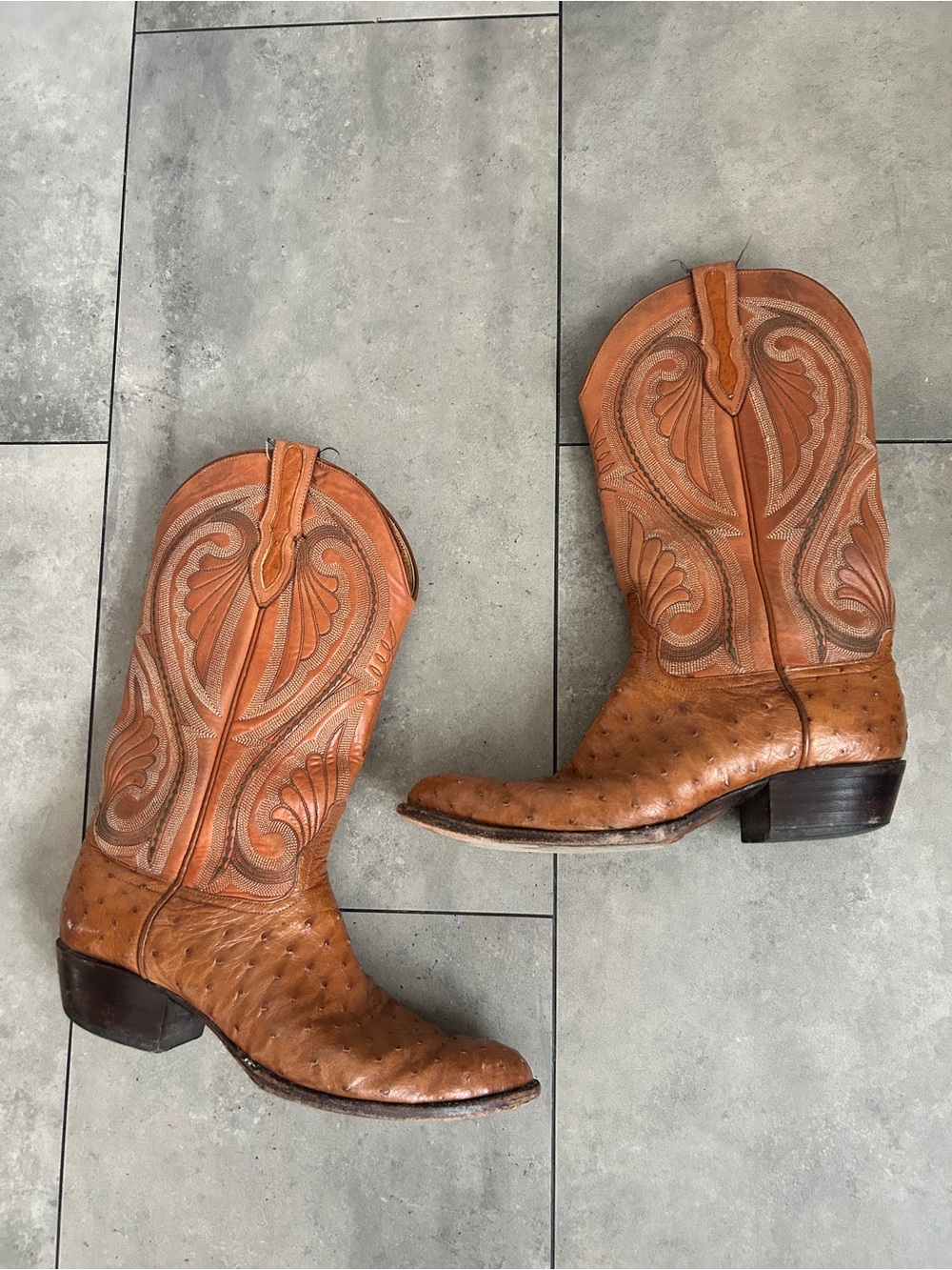 Men's Vintage Larry Mahan tan leather western cowboy boots ostrich quill 9.5